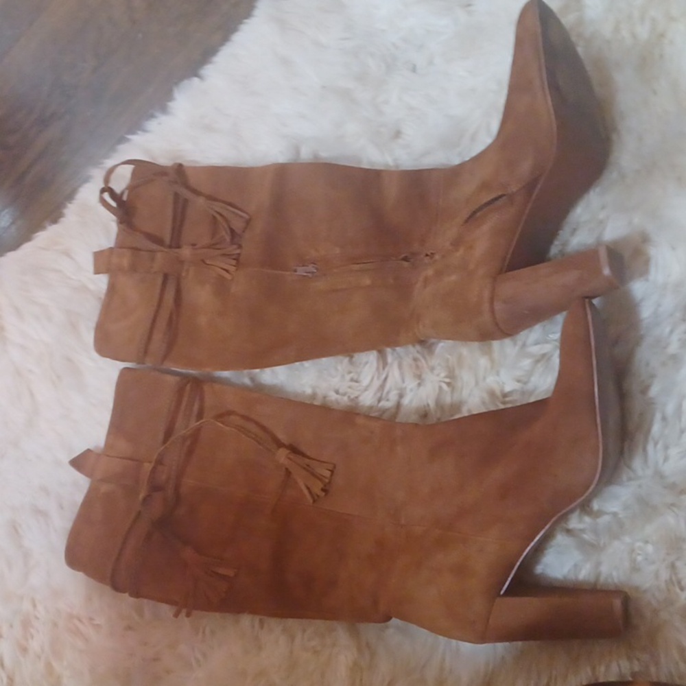 ZARA Orange Brown Genuine Suede Knee-High Scrunch Tassel Boots sz.40/9